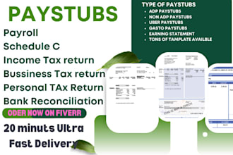 create personal tax return 1040, schedule c, w2, 1099, paystubs, 1120, 1120s