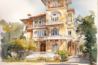 draw watercolour illustration of house or building