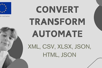 transform data between XML, CSV, xlsx, json, HTML formats