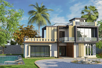 modernize 3d facade exterior,front yard patio,villa loggia,outdoor cgi rendering