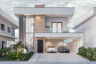 design 3d sketchup building,glass modular house,facade rendering,car lot,balcony