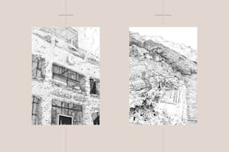 draw a building or landscape in black fine liner pen