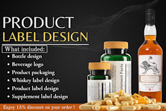 do product label design, whiskey label, and supplement label with packaging