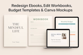 redesign canva ebook, edit canva workbook, budget spreadsheet, canva mockup