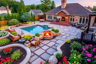 do backyard landscape design, garden, fireplace, pool, deck and patio design