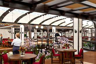 turn autocad drawing to 3d ultra restaurant space, seating area, interior layout