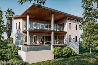 modern vacation house outdoor lounge set, deck,patio,glass railings,balcony view