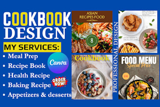 design a cookbook, recipe book, health baking, meal prep, canva food menu, cover