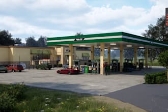 refurbish gas station, strip malls, car park, restaurant, golf space ,cgi render