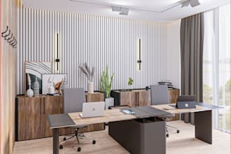 design modern midcentury interior, private office ,cgi wall decor,workshop setup