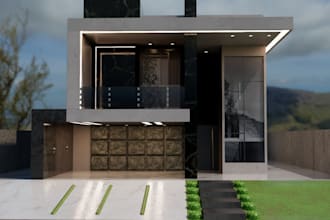 visualize 3d facade rendering,front elevation design,limestone villa,cgi garden