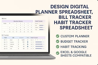 design digital planner spreadsheet, bill tracker, habit tracker spreadsheet