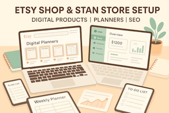 setup etsy shop etsy digital products etsy digital planner stan store setup seo