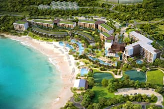 do realistic 3d resort beach, vacation home, penthouse and landscape