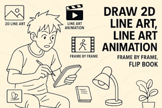 draw 2d line art, line art animation, frame by frame, 2d hand drawn, flip book