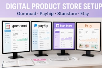 set up and customize gumroad, payhip, stanstore, etsy digital product design