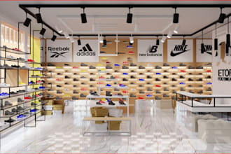 design 3d retail store interior, 3d layout, cloth store,shoe rack, cgi rendering