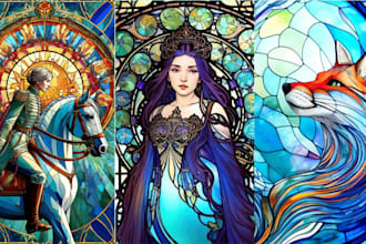 draw a colored stained glass art of fantasy character, book decor cards story