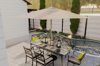 3d landscape backyard outdoor design, garden, fireplace, pool, patio rendering