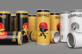 design beverage, energy drink can and bottle label design for product in keyshot