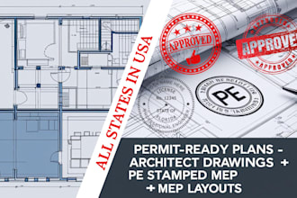 license architect drawing, pe stamp and seal mep 2d floor plan for city permit