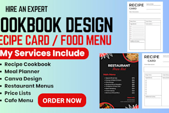design cookbook, recipe book, recipe card, meal planner, and food menu on canva