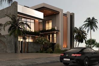 photorealistic 3d villa exterior render,facade design,car lot,balcony,cgi gerden
