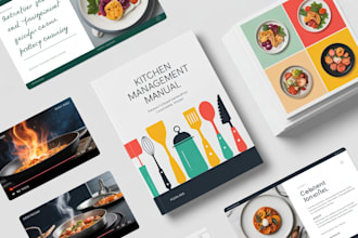 create kitchen management course, cooking recipe book, manual design, and video