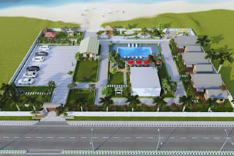 do 3d beach residence, landscape, resort, house, sea scape, city scape design