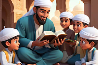 create islamic children story book illustration, muslim kids book cover design