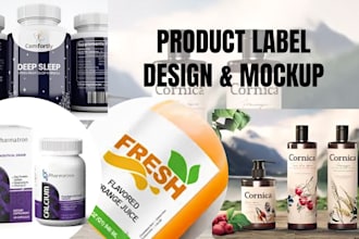 do product label, supplements, bottles, droppers, can and beverages label design