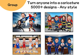 draw a group portrait style caricature from photo