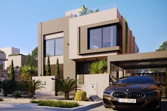recreate 3d modern villa house,facade exterior,realistic pool patio,porch render