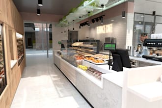 redesign 3d commercial space,render cafe interior,sport bar,visualize shop front