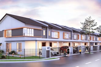 buildup 3d luxury terrace housing,real estate,exterior lounge,car park,d5 render