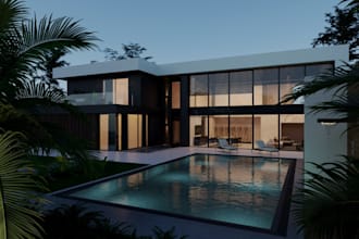 renovate 3d villa exterior,balcony,garden render,pool patio,backyard,landscape