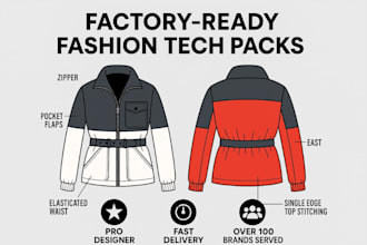 create fashion clothing factory tech pack, flat sketches, and technical drawing