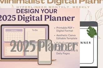 design printable planner, 2025 digital planner, aesthetic canva planner, mockup