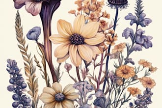 draw botanical illustrations of flowers, plants and fruits
