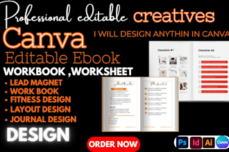 do canva ebook design, pdf lead magnet, workbook journal, adobe indesign project
