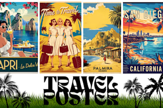 do retro vintage travel poster, movie art deco, modern minimalist poster