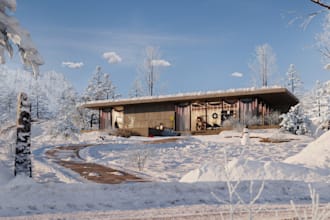 design winter house exterior,model 3d facade,modern guesthouse,realistic render
