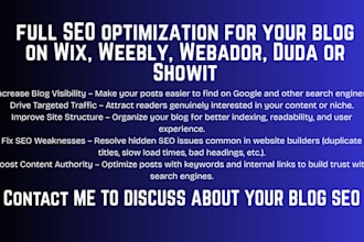 do full SEO optimization for blog on wix, weebly, carrd, webador, duda or showit