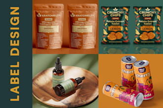design product label with 3d mockups for pouch, can, bottle and bag
