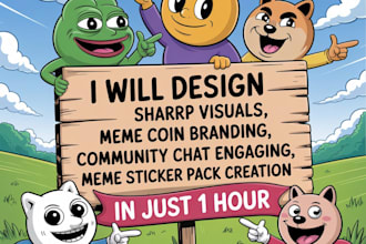 design sharp visuals, meme coin branding, community chat engaging, meme sticker