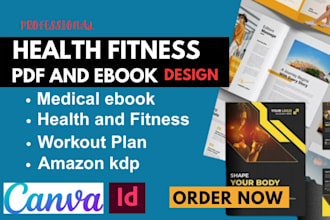 design editable health fitness ebook, workout plan, pdf lead magnet, gym book