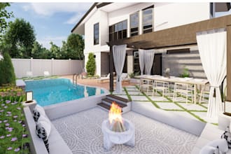 do landscape design, backyard outdoor design patio pool, 3d rendering exterior