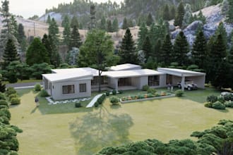 remodel 3d treehouse,farm house rendering,island garden,verdant landscape, villa