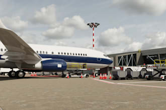 redesign 3d auto city park, aircraft hangar rendering, jet bridge visualization