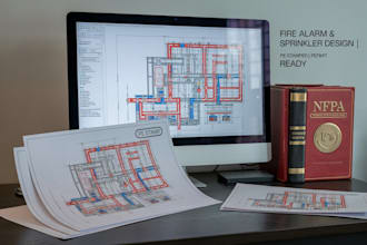 design US fire alarm system, fire sprinkler layout, fire protection stamp